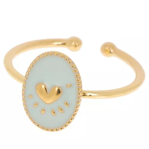 Adjustable oval ring with epoxy resin - heart - Fine Gold Plated - Bleu ciel