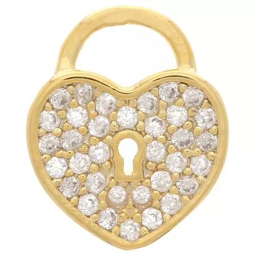 12x10mm Heart Padlock Charm with zirconium oxide - Gold Tone - Crystal x1