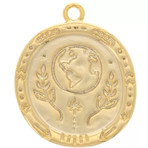 17mm Round irregular textured pendant - earth and foliage pattern - Gold Tone x1