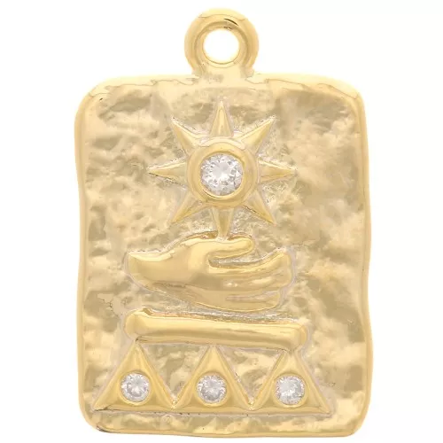 19x13mm Hammered Rectangle Pendant with Egyptian zirconium oxide - Gold - Crystal x1