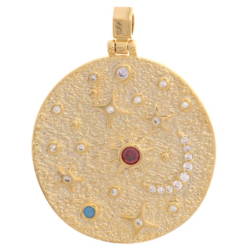 29mm Round irregular pendant - sun & stars with gold zirconium oxide - Multicoloured x1