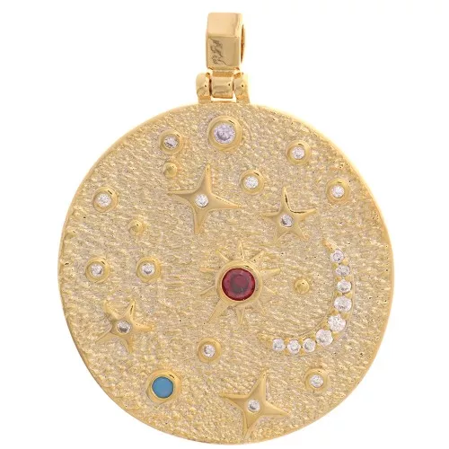 29mm Round irregular pendant - sun & stars with gold zirconium oxide - Multicoloured x1