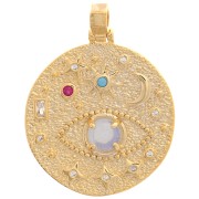 27mm Round irregular pendant - eye & stars with zirconium oxide - Gold - Multicoloured x1|raw }}