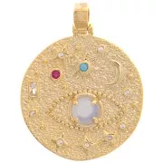 27mm Round irregular pendant - eye & stars with zirconium oxide - Gold - Multicoloured x1