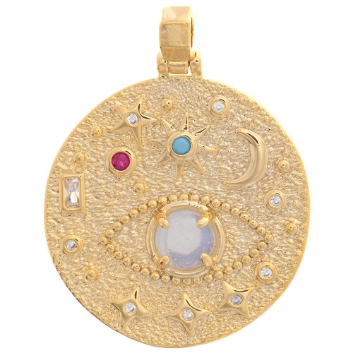 27mm Round irregular pendant - eye & stars with zirconium oxide - Gold - Multicoloured x1