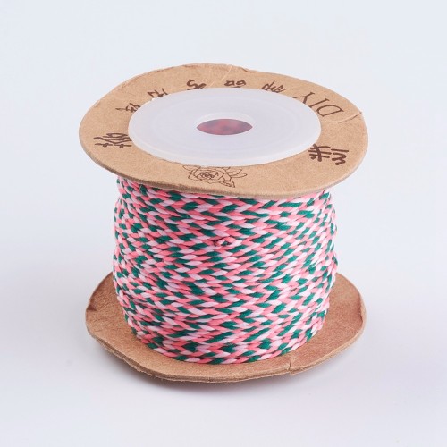 2mm Flat braided cotton cord - Neon pink - Light pink - Dark green x1m