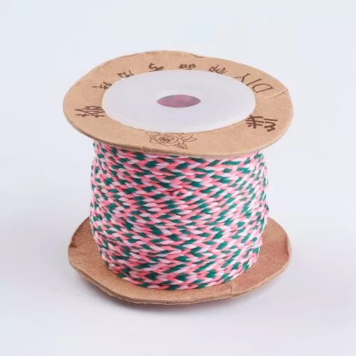 2mm Flat braided cotton cord - Neon pink - Light pink - Dark green x1m