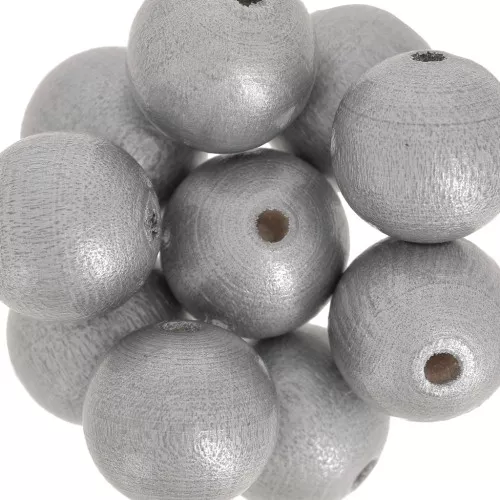 Wooden round beads 15mm Silver tone x5