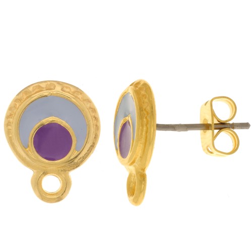 10.5mm Round EarStuds with epoxy resin - Fine Gold plated - Purple x2