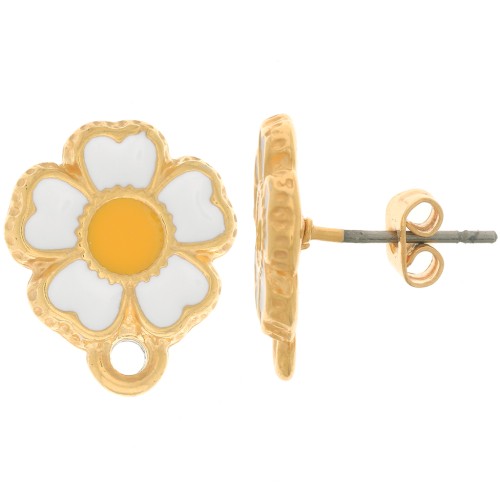 13mm Daisy earstuds with epoxy resin - Fine Gold plated - White x2