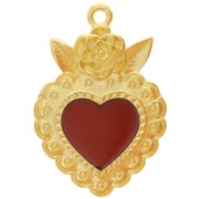 27x18mm Heart pendant with flower and epoxy resin - Fine Gold plated - Red x1