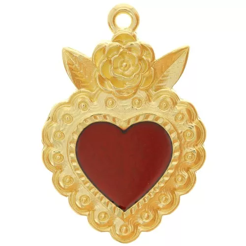 27x18mm Heart pendant with flower and epoxy resin - Fine Gold plated - Red x1