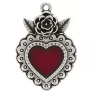 27x18mm Heart pendant with flower & epoxy resin - Fine Silver plating - Red x1