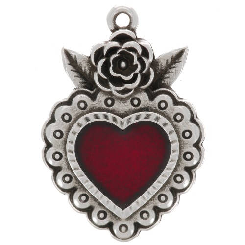 27x18mm Heart pendant with flower & epoxy resin - Fine Silver plating - Red x1