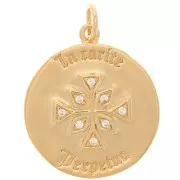 17mm Round pendant with zirconium oxide - cross pattern - Crystal - 3 micron gold plated x