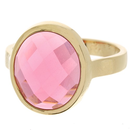 Oval ring with faceted glass cabochon - Size 60 - 3 microns Gold plated - Pink x1