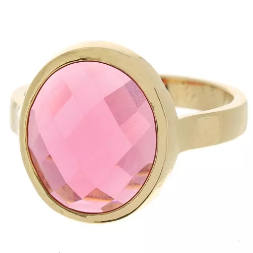 Oval ring with faceted glass cabochon - Size 60 - 3 microns Gold plated - Pink x1