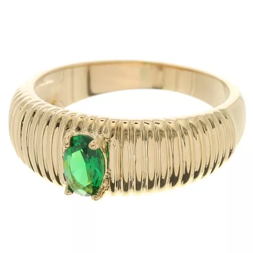 Striated Ring with Faceted Glass Stone - Size 60 - 3 Microns Gold Plated - Greenx1