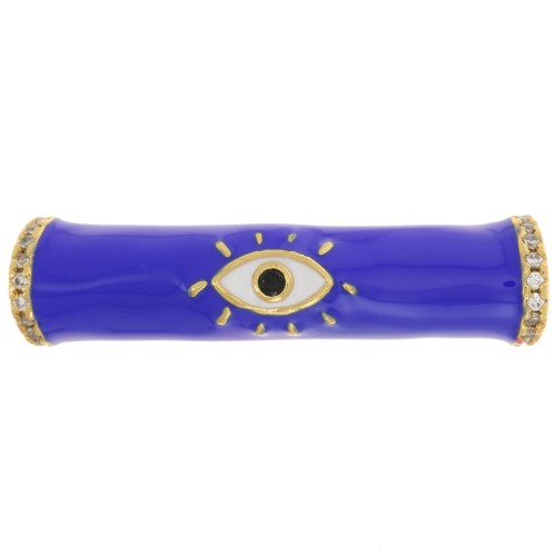 33x8mm Curved tube bead in epoxy resin & zirconium oxide eye pattern - Gold - Blue x1