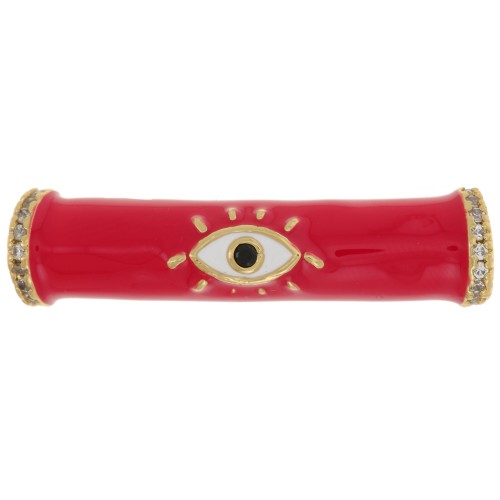 33x8mm Curved tube bead in epoxy resin & zirconium oxide  eye pattern - Gold - Red x1
