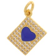 13x9mm Rectangle charm with zirconium oxide  and epoxy resin heart - Gold - Blue x1|raw }}