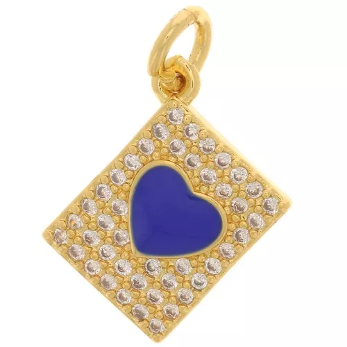 13x9mm Rectangle charm with zirconium oxide and epoxy resin heart - Gold - Blue x1