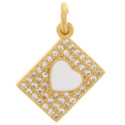 13x9mm Rectangle charm with zirconium oxide  and epoxy resin heart - Gold - White x1|raw }}