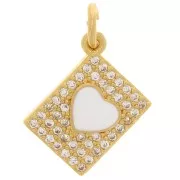 13x9mm Rectangle charm with zirconium oxide  and epoxy resin heart - Gold - White x1