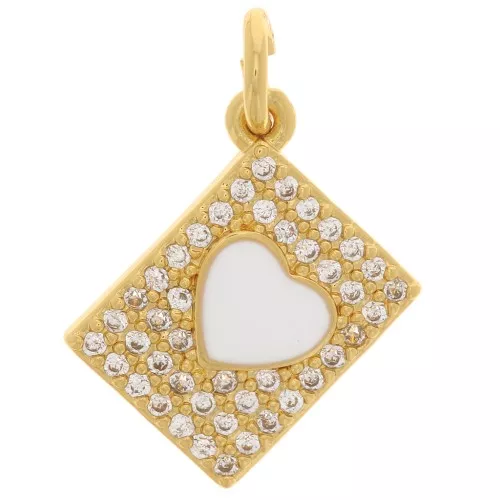 13x9mm Rectangle charm with zirconium oxide and epoxy resin heart - Gold - White x1
