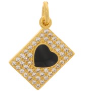 13x9mm Rectangle charm with zirconium oxide  and epoxy resin heart - Gold - Black x1|raw }}