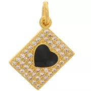 13x9mm Rectangle charm with zirconium oxide  and epoxy resin heart - Gold - Black x1