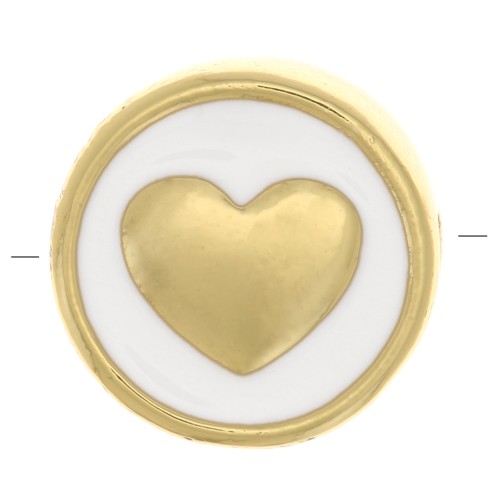 11mm heart pattern Round bead - epoxy resin - Gold Tone - White x1