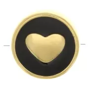 11mm heart pattern Round bead - epoxy resin - Gold Tone - Black x1
