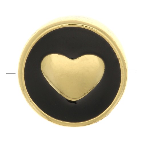 11mm heart pattern Round bead - epoxy resin - Gold Tone - Black x1