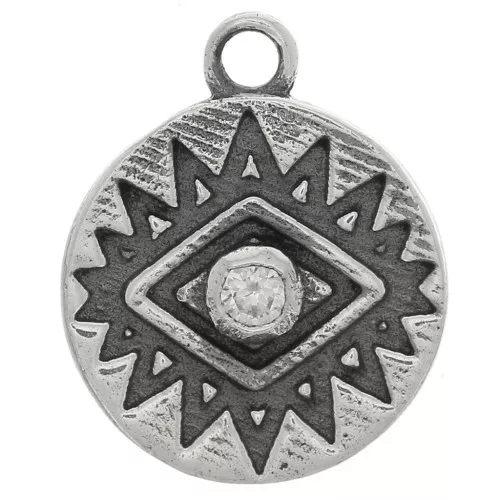 10mm round charm - eye with  zirconium oxide - oxidized 925 Silver - Crystal x1