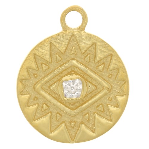 10mm 925 Sterling Silver round charm with eye and  zirconium oxide - Gold - Crystal x1