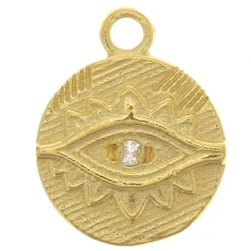 9mm 925 Sterling Silver Round Ethnic Eye Charm with zirconium oxide - Gold Tone x1