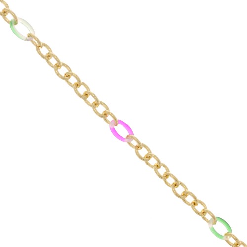 7mm cable chain with acetate rings - Gold Tone - Green - Pink x50cm