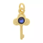 13x7mm Key Charm with zirconium oxide - Gold Tone - Dark Blue x1