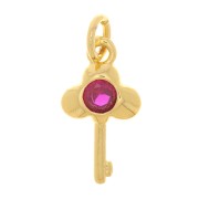 13x7mm Key Charm with zirconium oxide - Gold Tone - Fuchsia x1
