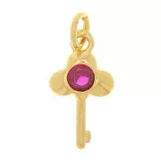 13x7mm Key Charm with zirconium oxide - Gold Tone - Fuchsia x1