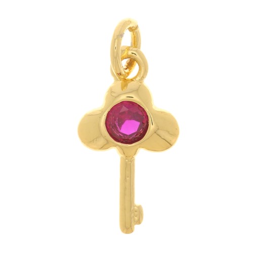 13x7mm Key Charm with zirconium oxide - Gold Tone - Fuchsia x1