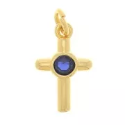 12x8mm Cross Charm with zirconium oxide - Gold Tone - Dark Blue x1
