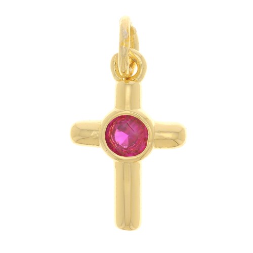 12x8mm Cross Charm with zirconium oxide - Gold Tone - Fuchsia x1
