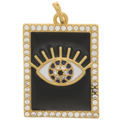 21x15mm Rectangle eye pendant - epoxy resin and zirconium oxide - Gold Tone - Black x1