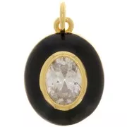 18x13mm Oval epoxy and zirconium oxide pendant - Gold Tone - Black - Crystal x1