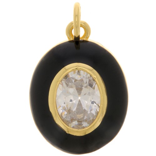 18x13mm Oval epoxy and zirconium oxide pendant - Gold Tone - Black - Crystal x1