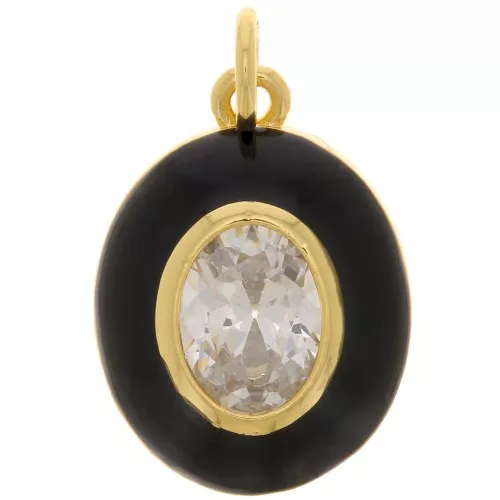 18x13mm Oval epoxy and zirconium oxide pendant - Gold Tone - Black - Crystal x1