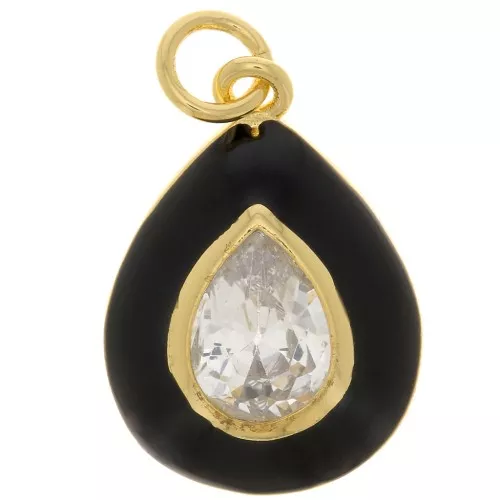 19x13.5mm Drop Pendant in epoxy resin and zirconium oxide - Gold Tone - Black - Crystal x1
