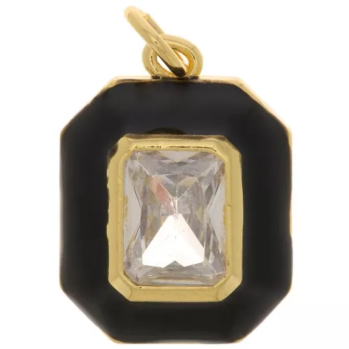 18x13mm Octagon pendant in epoxy resin and zirconium oxide - Gold Tone - Black - Crystal x1